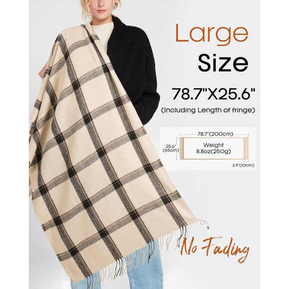 Winter Scarf Women's Shawl Cashmere Feel Tassel Plaid Oversized Scarves Beige - Picture 3 of 6